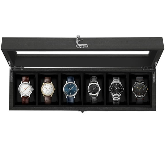 Uten 6-Slot Solid Wood Watch Box with Glass Top & Removable Pillows, Luxury Display Case and Storage Organizer, Black