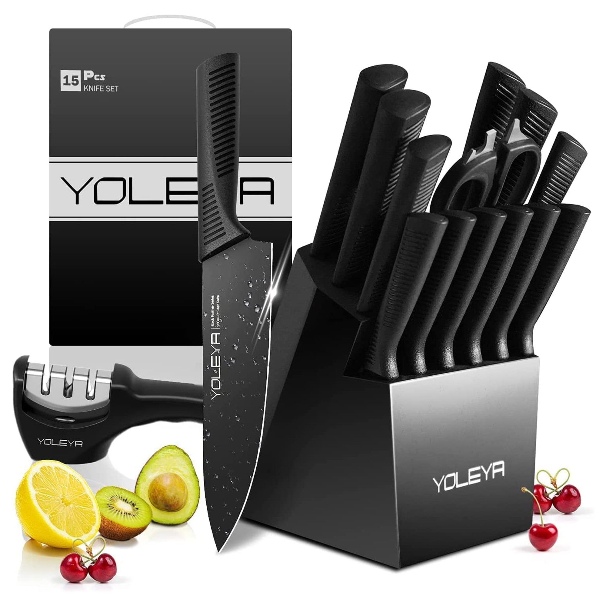 YOLEYA 15 Piece Kitchen Steel Knife Set w/ Block & Non Stick Coating
