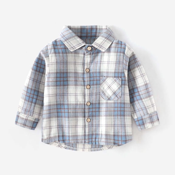FAIOROI Big Boys 7T Light Blue Plaid Shirt - Cotton Long Sleeve Button Down with Chest Pocket, Classic Casual & School-Ready Kids Shirt