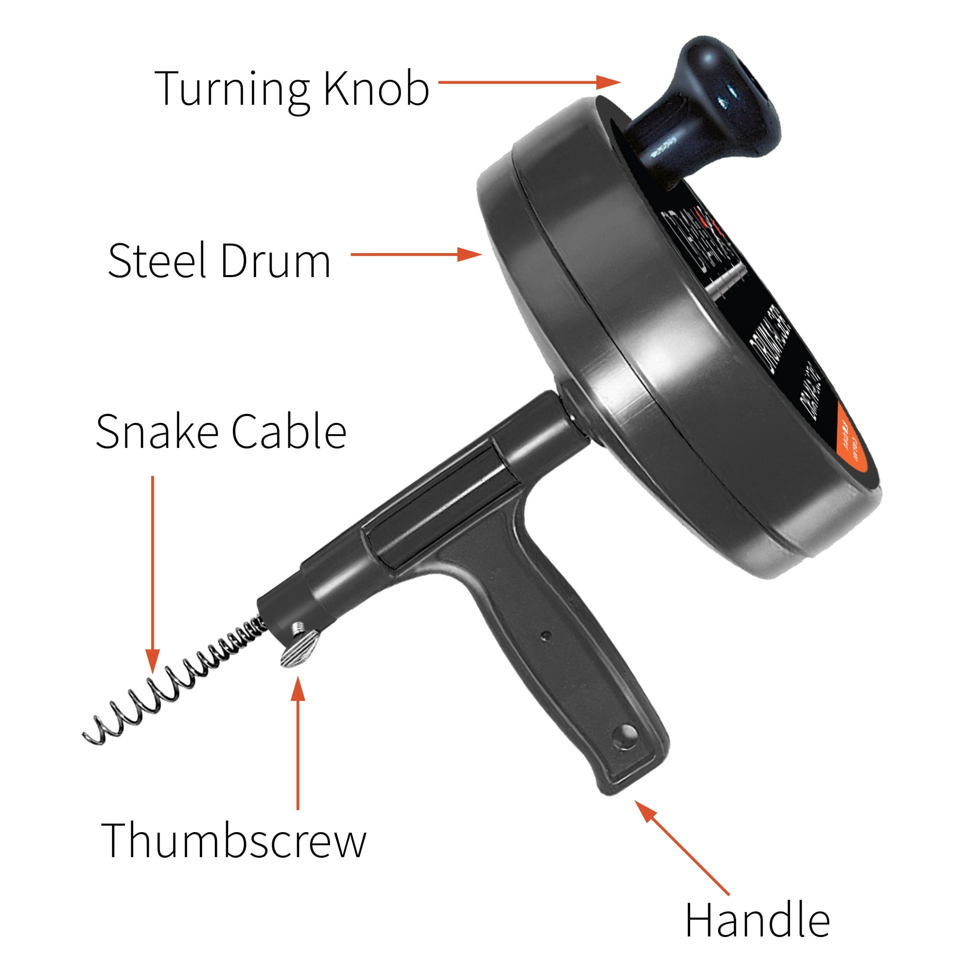 DrainX Pro, 25ft, Black Manual Steel Drain Snake, Heavy Duty Drum, Includes Work Gloves, Storage Bag