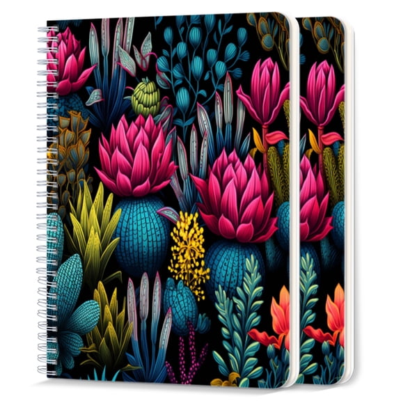 Spiral Notebook,College Ruled Journal,8.26" x 5.71" 50 Sheets/100 Pages,2 Pack - Seamless Pattern of Vibrant Cacti And Succulents