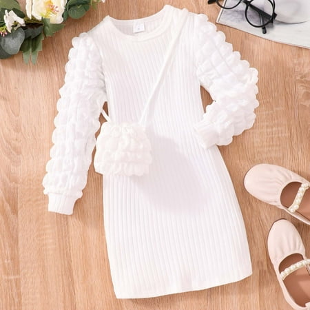 Wancir Little Girls Ruffle Lantern Long Sleeve Knit Elastic Mini Dress Fall Holiday Party Dress with Bag