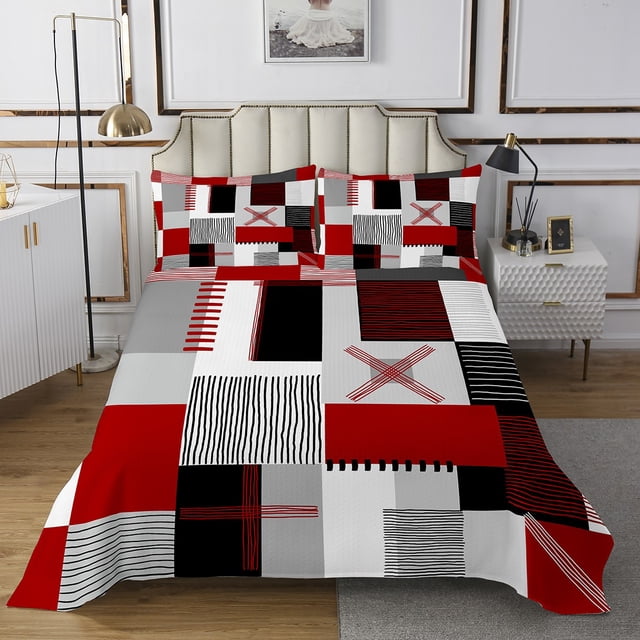 Erosebridal Patchwork Rectangle Quilt Sets for Queen Size Bed,Geometry Stripe Bed Set,Abstract Artwork Decor,Lightweight,3pcs