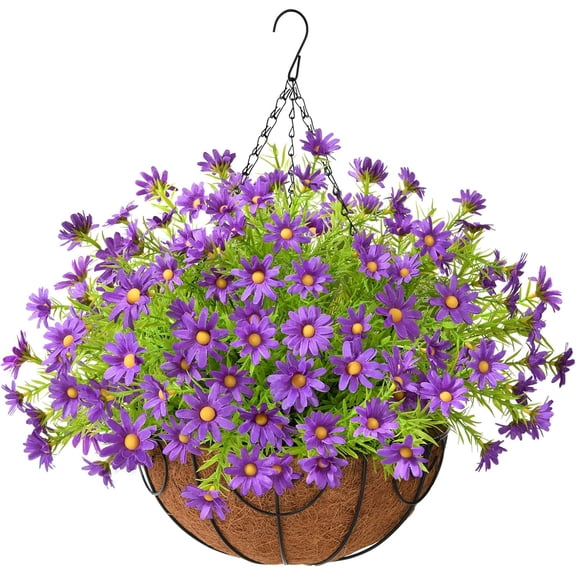 Artificial Hanging Flowers for Outdoors Spring Decoration,Faux Silk Chrysanthemum,Hanging Planters in 12 inch Coconut Lining Basket for Home Outside Porch Decor(Dark Purple)