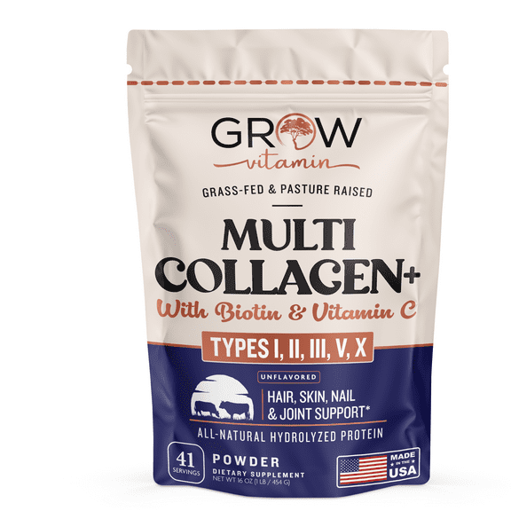 Grow Vitamin Collagen Peptides Powder, Hair Skin Nail and Joint Support, 41 Servings, 16 oz