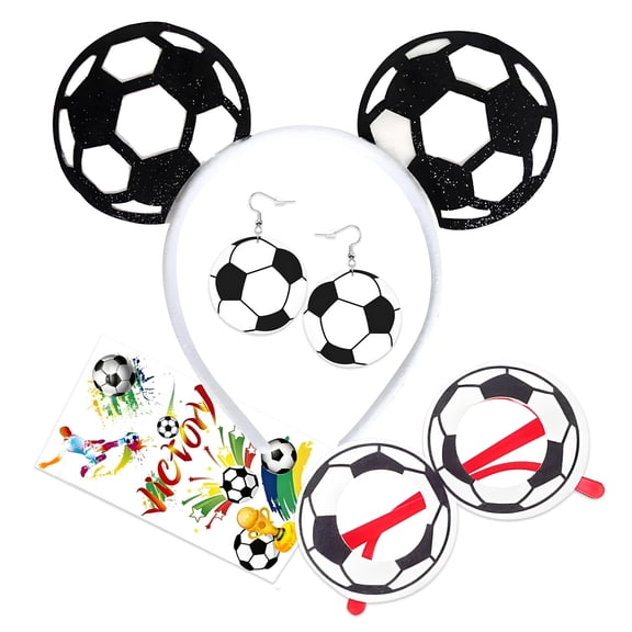 Soccer Elastic Headbands 3Pcs Set with Earrings & Glasses, Football Themed Headwear Party Decorations