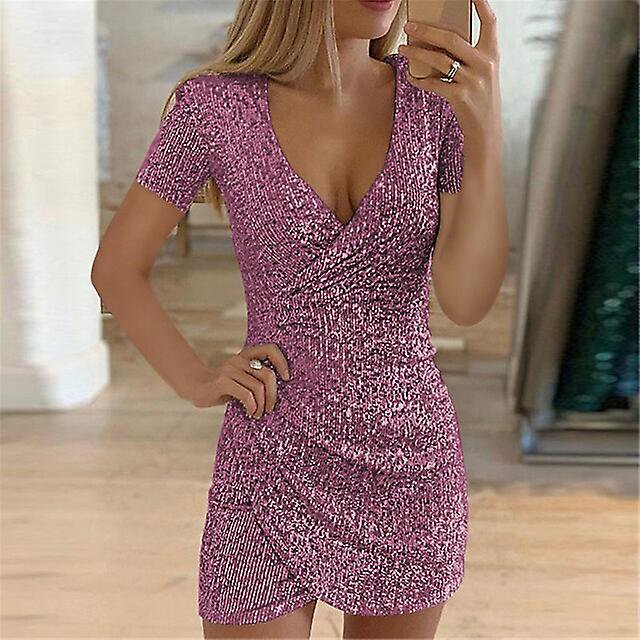 Robe de Soirée Semi-Formelle pour Femme Robe à Paillettes Robe Moulante Mini Robe à Manches Courtes Col en V Costume Robe de Fantaisie