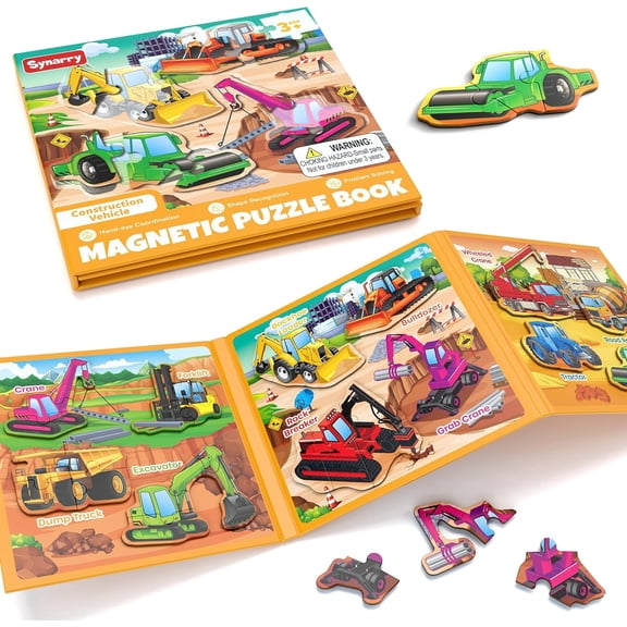 SYNARRY Magnetic Puzzles for Toddlers 3-5, Toddler Travel Toys Construction Toys Excavator Puzzles for Kids Age 3-5, Car Airplane Road Trip Activities Easter Gifts