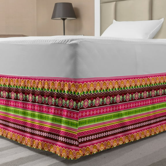 Folk Bed Skirt, Eastern Inspired Oriental Style Colorful Pattern with Abstract Flowers Print, Elastic Bedskirt Dust Ruffle Wrap Around for Bedding Decor, 4 Sizes, Multicolor, by Ambesonne