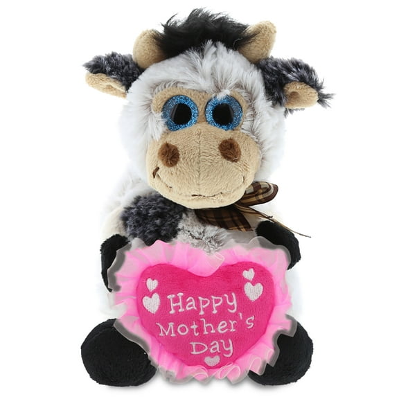 DolliBu Happy Mother's Day Super Soft Plush Sitting Cow Figure - Cute Stuffed Animal with Pink Heart Message for Best Mommy, Grandma, Wife, Daughter - Cute Farm Life Plush Toy Gift - 7" Inches