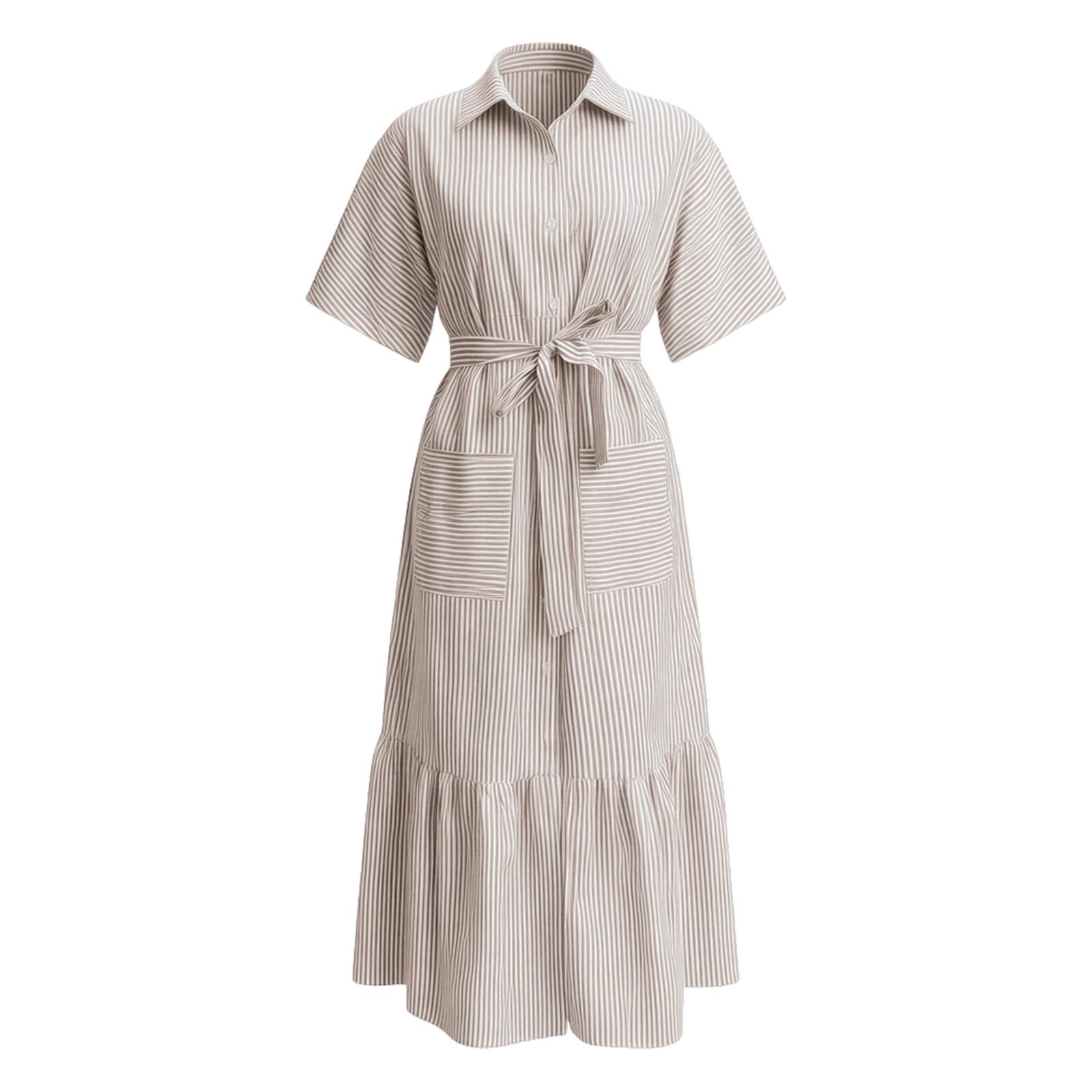 Jane Wardrobe Women's Casual Striped Short Sleeve Shirt Dress Loose Fit Midi Length Ruffled Hem Belted Waist With Pockets For Daily Brunch 1 Pc Sizes S M L XL XXL Pink Purple Blue Black Green Khaki