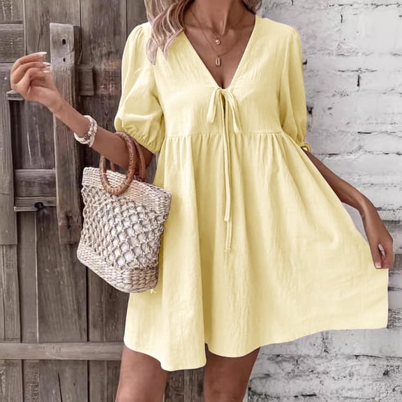 Gamivast Summer Dresses for Women Short Puff Sleeve V-Neck Tie Front Babydoll Dress High Waist Ruffle A Line Dress Casual Beach Vacation Daily Holiday