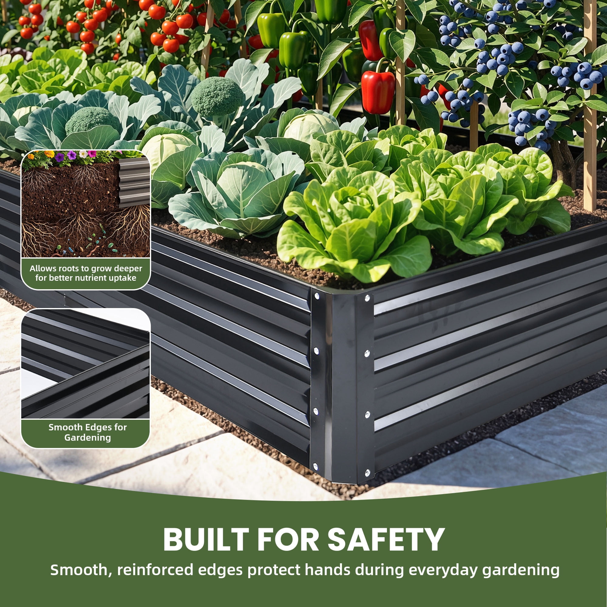 Uforic 12 x 4 x 1 FT Galvanized Metal Raised Garden Bed Kit, Outdoor Planter Box with Safety Rubber & Gloves for Vegetables Flowers Herbs Fruits, Black