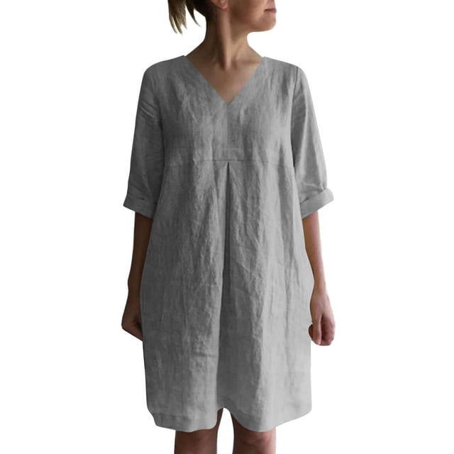 Vestido camisero de manga corta con cuello en V y botones para mujer: color liso, poliéster, informal/playa, tallas S-XXL, largo medio