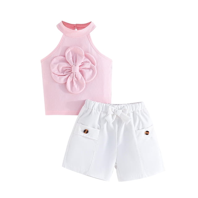 Odeerbi 9M-5Y Niñas Conjuntos de Verano Algodón Halter Tops Pantalones Cortos Conjunto de Dos Piezas Flor Sin Mangas Lazo