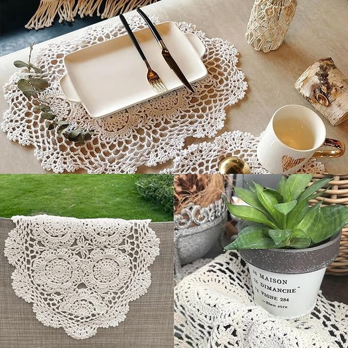 ZOURIH 4Pcs Handmade Cotton Crochet Doilies 12"x18",Oval Boho Lace Table Placemats Vintage Furniture Cloth Cover Room Decor,Floral Dollies for Tables Dresser Nightstand,Beige