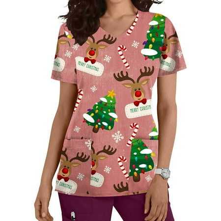 

TMOYZQ Christmas Scrubs for Women Womens Print Professional Scrubs Tops Short Sleeve V Neck Nursing Workwear Tunic Working Uniform Blouse Medical Blouse with Pockets