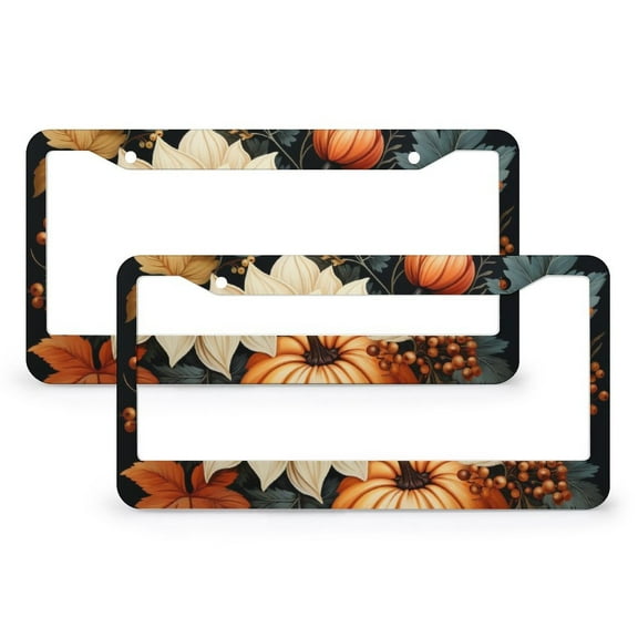 Pumpkin Maple Leaf Flower Autumn Thanksgiving License Plate Frame 2 Pcs Set Welcome Halloween Thanksgiving Funny License Plates Car Accessories US Canada Standard 2 Holes Metal License Plate Cover
