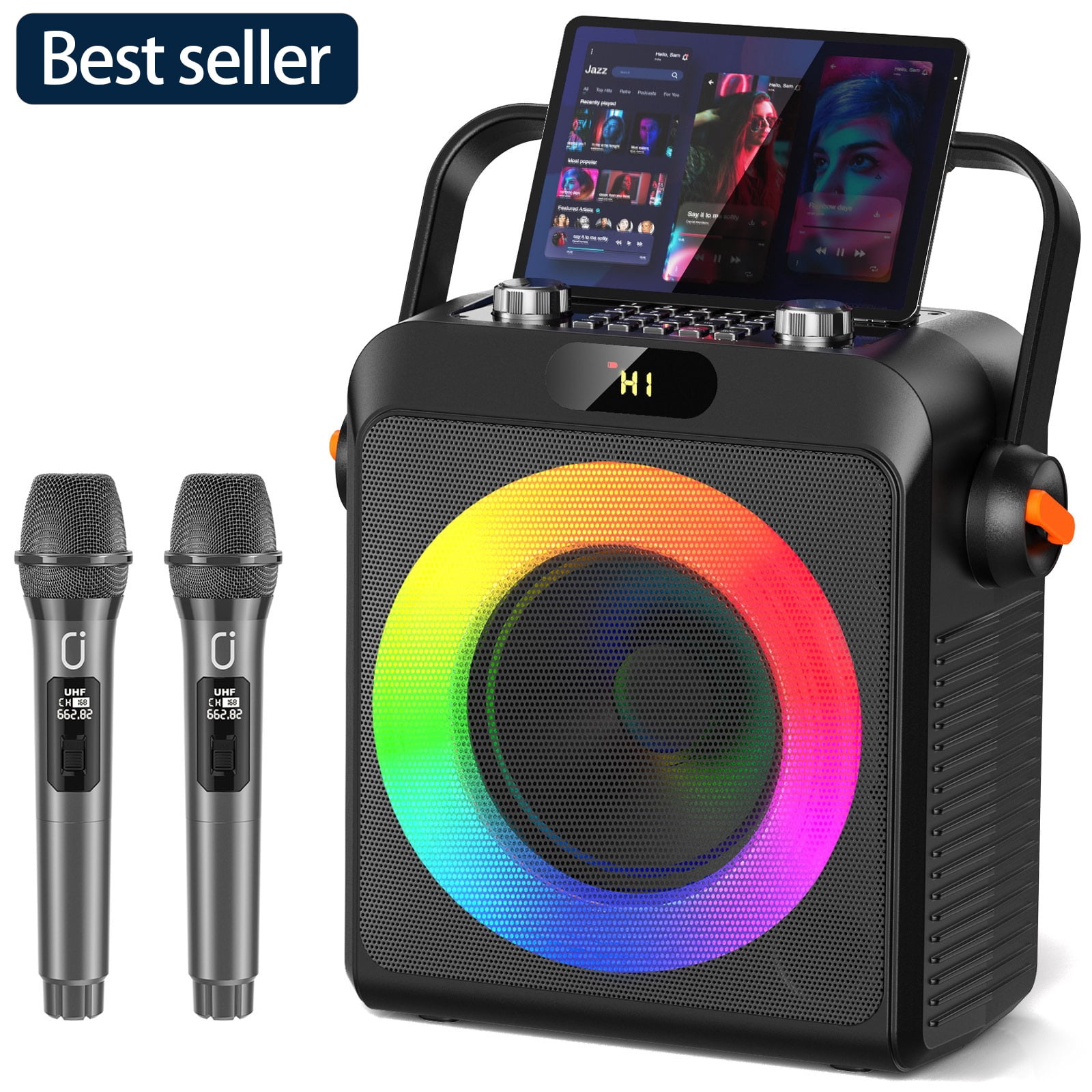 JAUYXIAN Karaoke Machine for Adult Kids, Karaoke System with 6.5'' Subwoofer, Bluetooth Speaker with 2 Microphone, Party Light, MS80