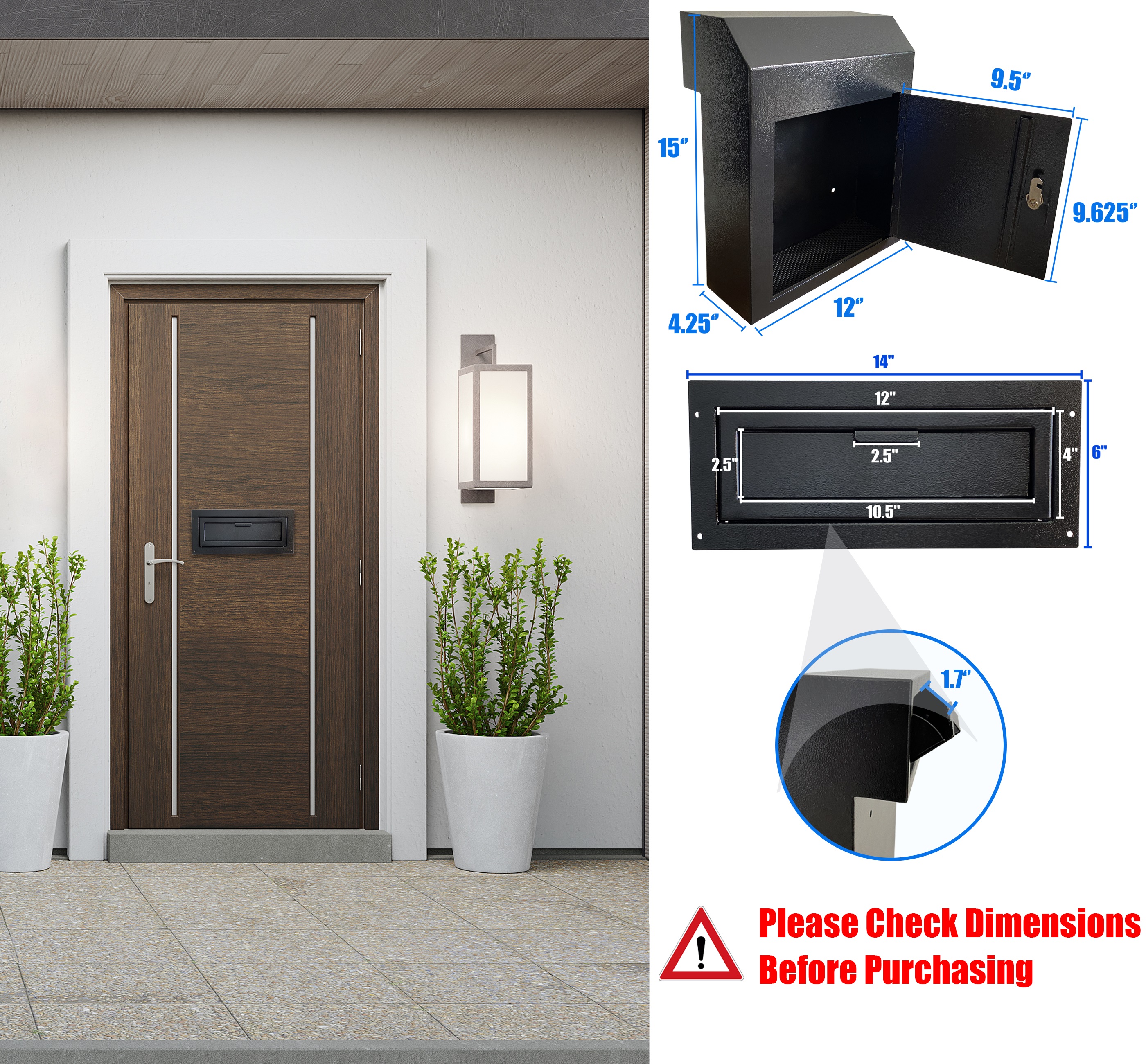 Plugsharge Through The Door Mail Drop Box - 1.5mm Steel Payment Dropbox - Door Mount Theft Proof Mailbox - Locking Deposit Drop Box for Night Key, Deposit, Cash, and Rent, Black