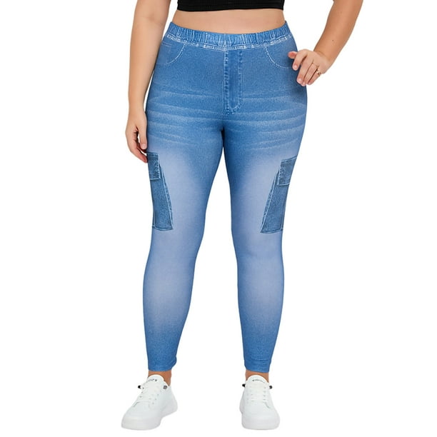 MAWCLOS Ladies Printed Denim Leggings Plus Size Look Print Jeggings  Oversized Fake Jeans Skinny Workout High Waist Trousers Blue-B 2XL 