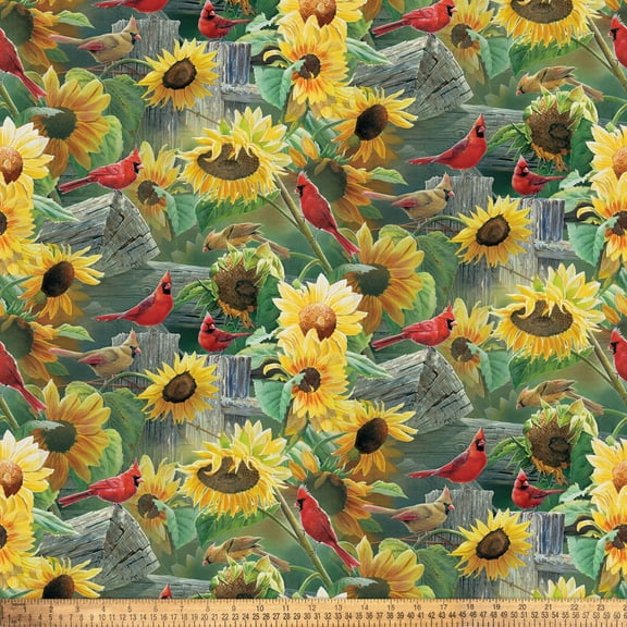 Cotton Nature Designs Red Cardinals and Sunflowers David Textiles Cotton Fabric Print by the Yard (WW-2013-4C)