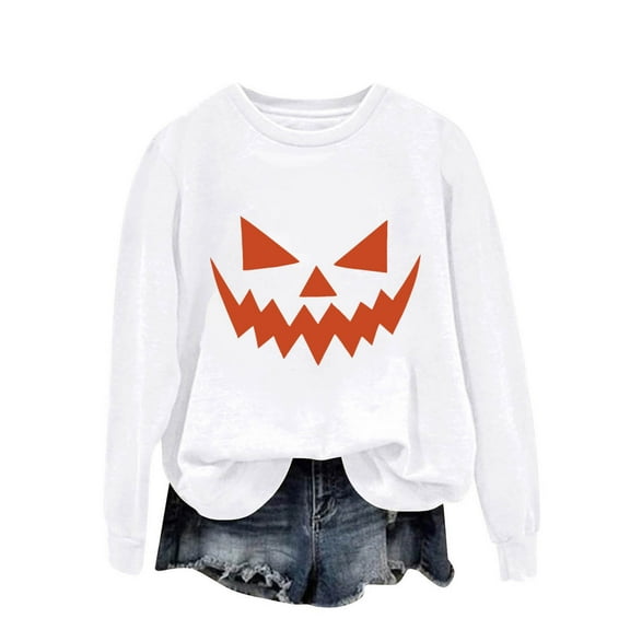 Makaor Crewneck Sweatshirt Womens Halloween Tops Fleece Long Sleeve Pullover Pumpkin Casual Fall Clothes White S