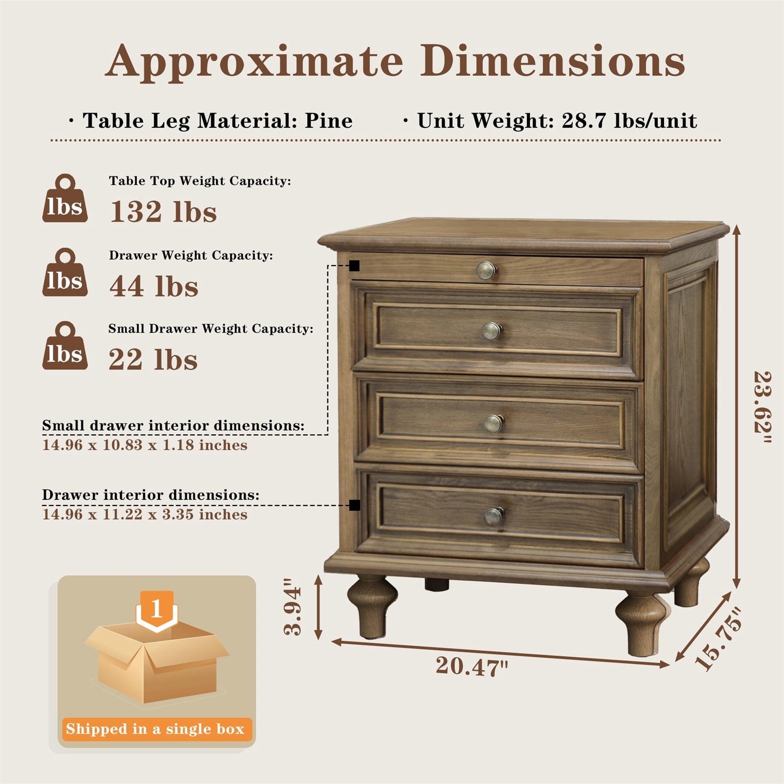 Hommoo Farmhouse Wood 4-Drawer Nightstands, Large End Table Bedside Table with Solid Wood Feet and Metal Handle, for Living Room,Bedroom,Office, Walnut Brown