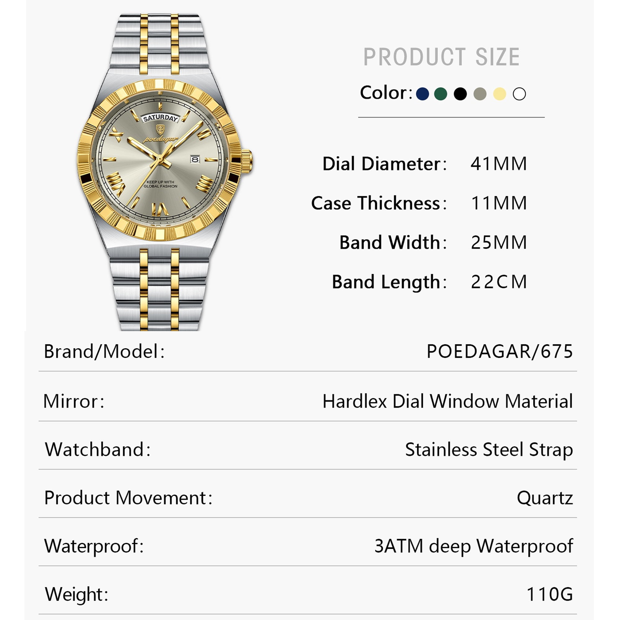 POEDAGAR Luxury Men's Waterproof Luminous Wrist Watch with Date Week Display Stainless Steel Strap