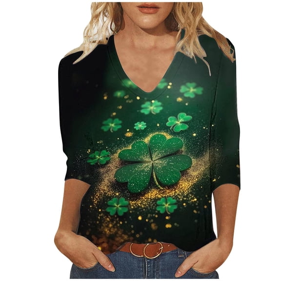 Staron St. Patrick's Day T-Shirt for Women Printed V-Neck 3/4 Sleeve Casual Loose Fit Top, Green S