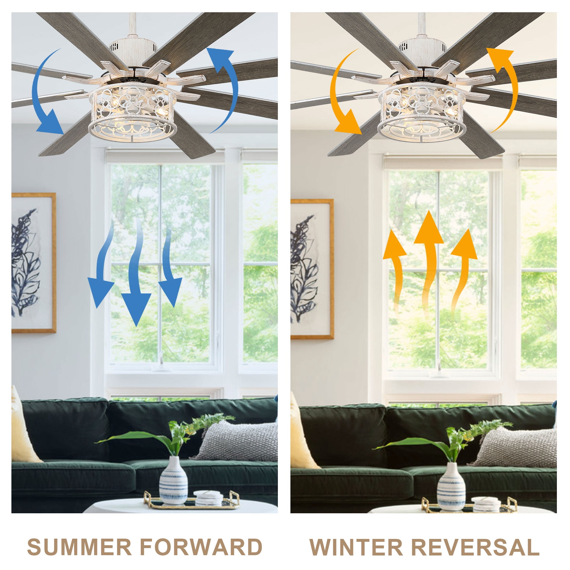 Bella Depot 72" Ceiling Fan 6-speed Farmhouse Metal Cage 3-Light Chandelier with Remote