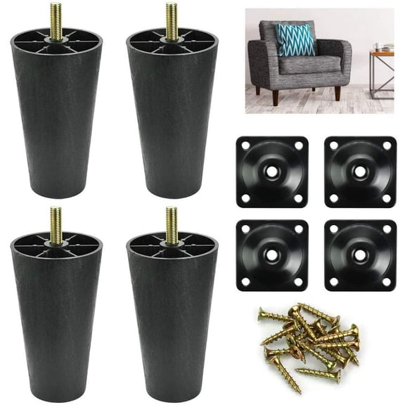 BUZIFU 4pcs Sofa Legs Plastic Sofa Couch Feet Universal Chair Bed Legs Black Tapered Furniture Feet Replacement Legs with Leg Mounting Plates/Screws for Furniture Table Cabinet (LegHeight: 12cm)
