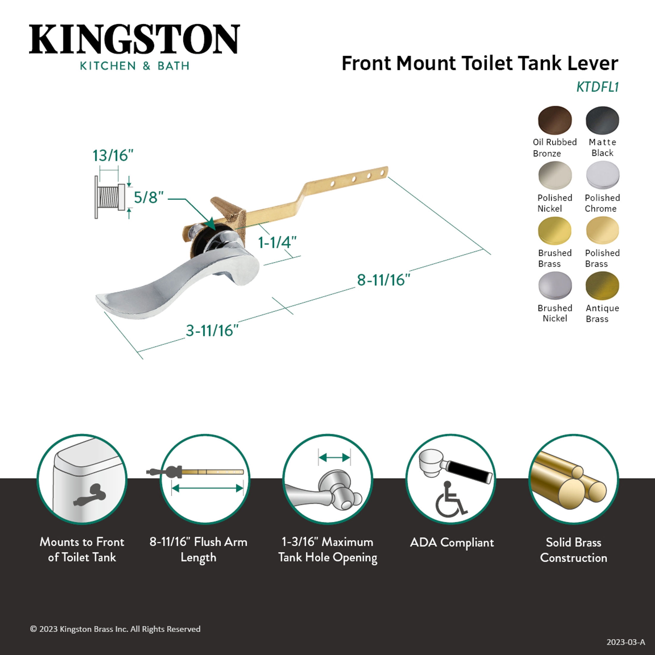 Kingston Brass KTDFL8 NuWave Front Mount Toilet Tank Lever, Left/Right Installation in Brushed Nickel