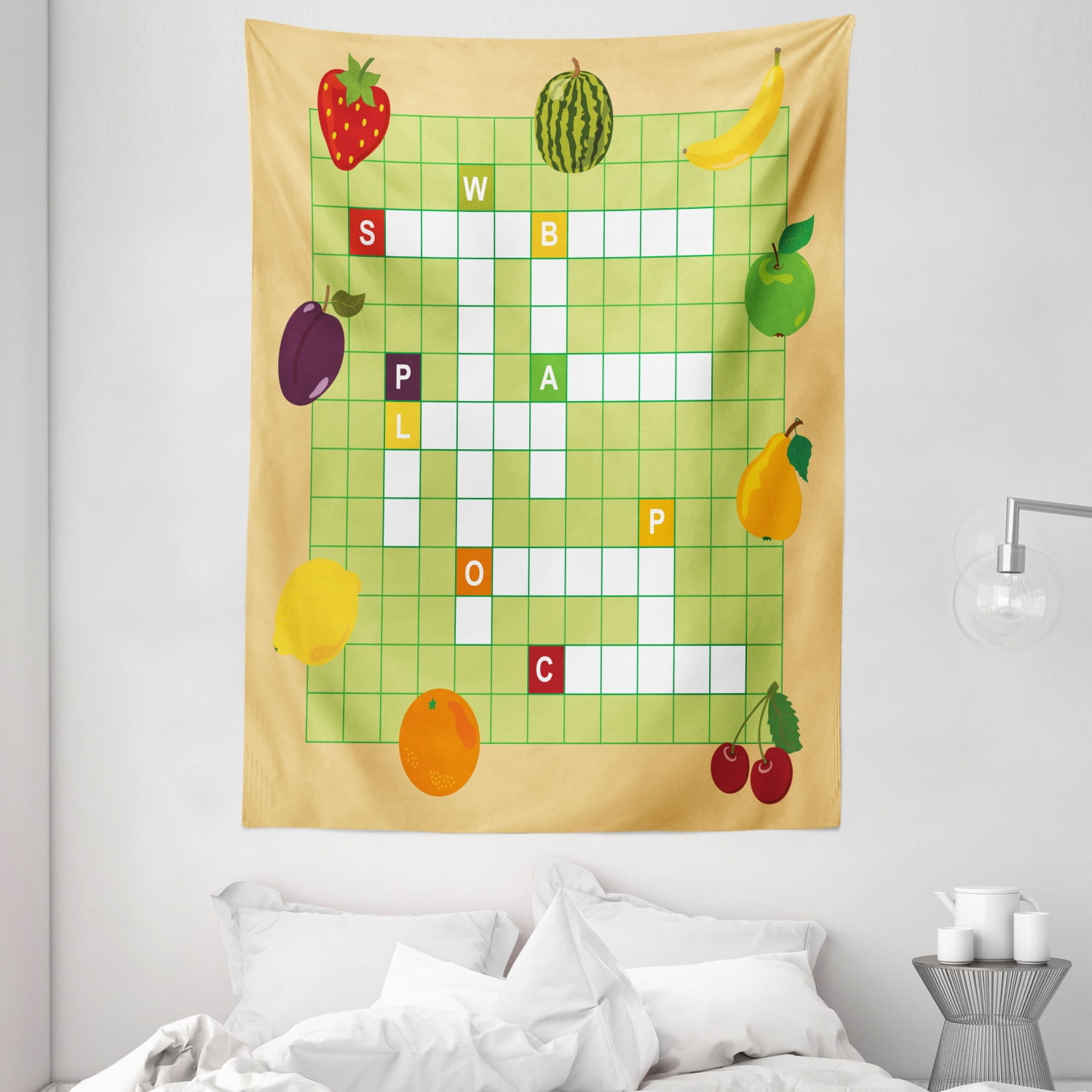 Word Search Puzzle Tapestry, Vivid Graphic Summer Fruits with