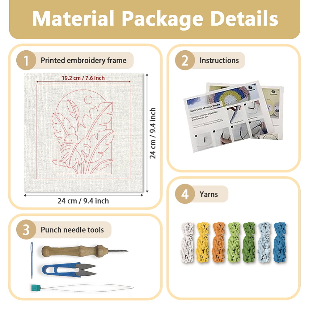 Polyester Cotton Punch Needle 4Folded Yarns Embroidery Kits Included Threader Cotton Thread Punch Needle Thread Clips 3.5MM Wooden Needle Leaf