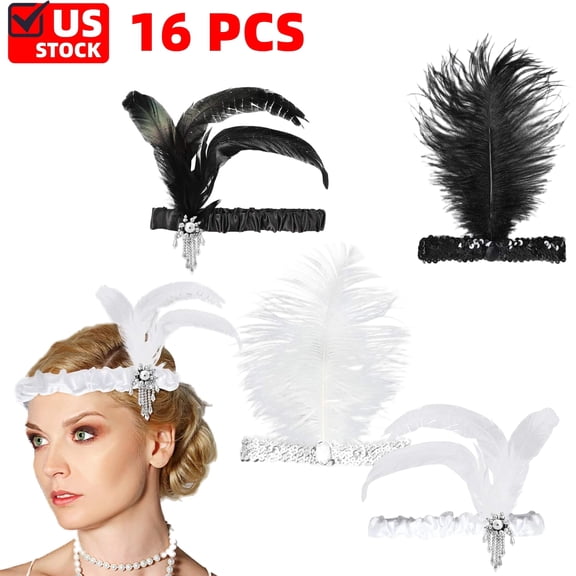 Flapper Headband,Black and White Sequin Headband with Feather Jewel Detail, Hair Accessory, Vintage Headpiece for Gatsby Theme Party- 16PCS