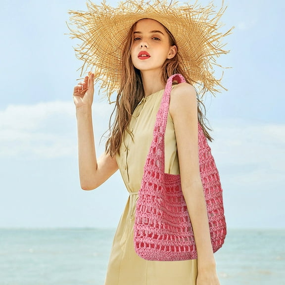 RBCKVXZ Candy Color Crochet Tote Bag for Women, Summer Mesh Woven Handbags Beach Bag Crossbody Bag (Pink)