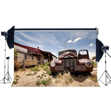ABPHOTO Polyester 7x5ft West Cowboy Backdrop Old Car Backdrops Grocery Store Nostalgia Wood House Blue Sky White Cloud Rustic Photography Background for Kids Baby Tourism Photo Studio (Best Cloud Storage For Photos And Videos)
