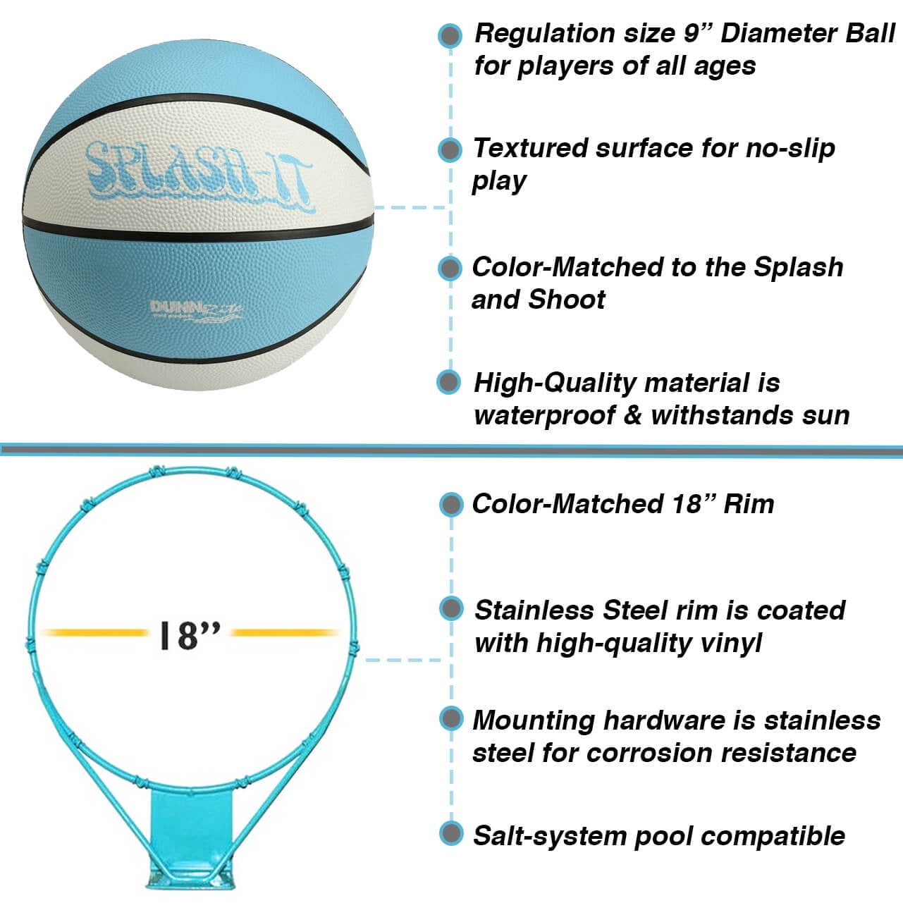 Dunn-Rite Products 23" - 53" Adjustable Pool Basketball Hoop, Weatherproof, 43"x 29" Backboard, 200lbs Base, White Aqua Color (Teen and Adults)