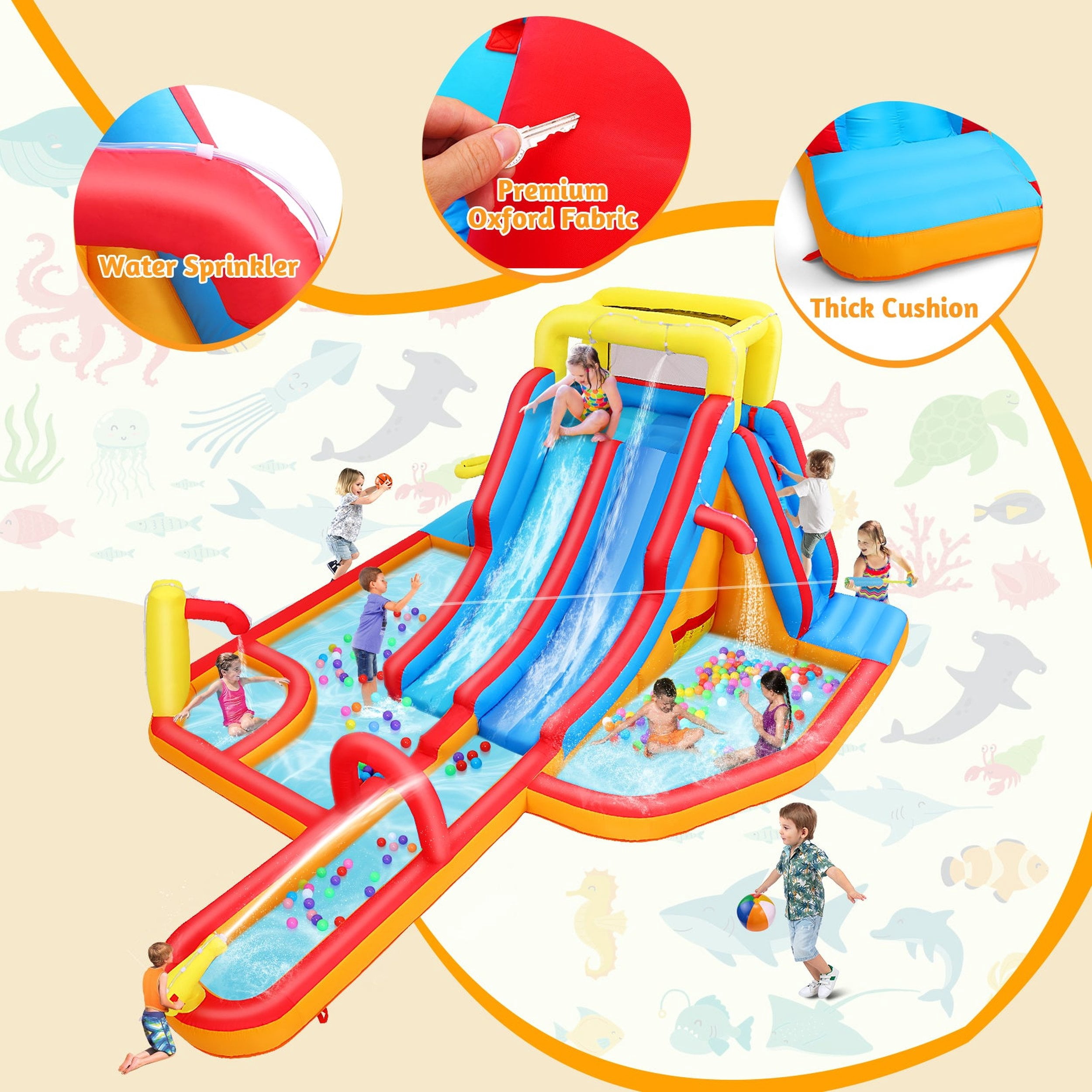 Funcid Inflatable Bounce with Water Slide, 19.3X14Ft Bounce House, Extra Long Side with Splash Pooll, Blow Up Water Slides Inflatables for Kids Backyard, with Blower
