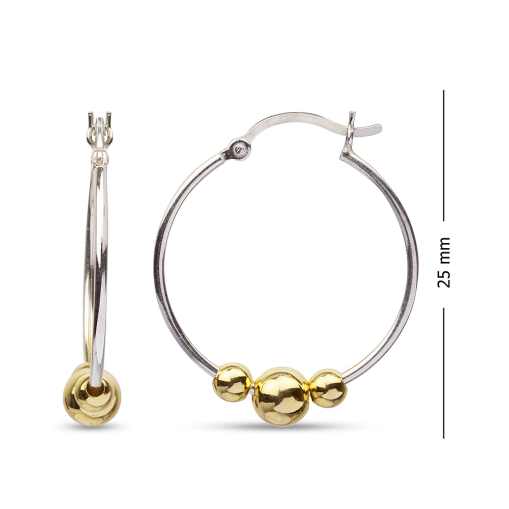 LeCalla 925 Sterling Silver two tone Jewelry Bead Hoop Earring for Women and Teen 25MM