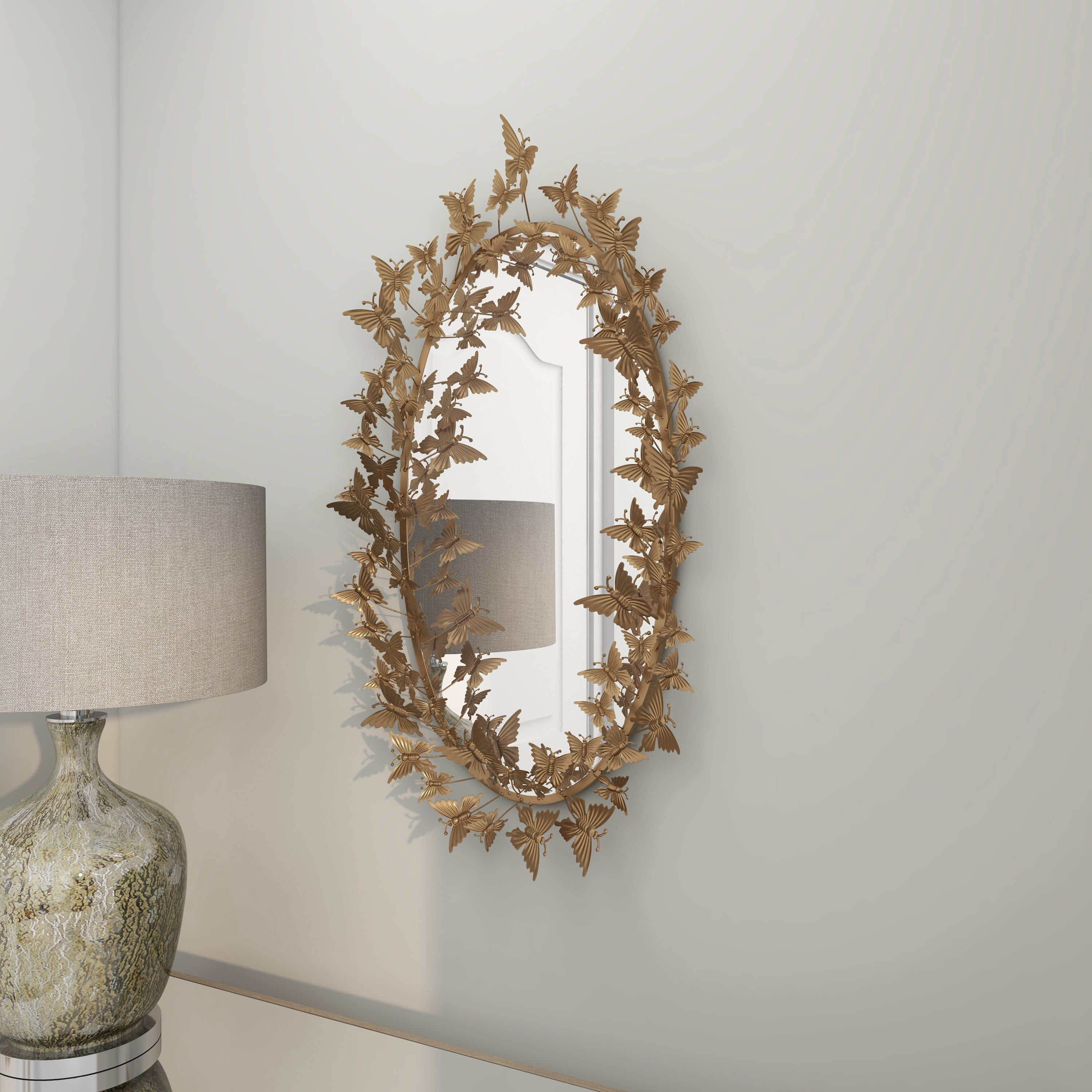 DecMode 19" x 33" Gold Oval 3D Butterfly Wall Mirror