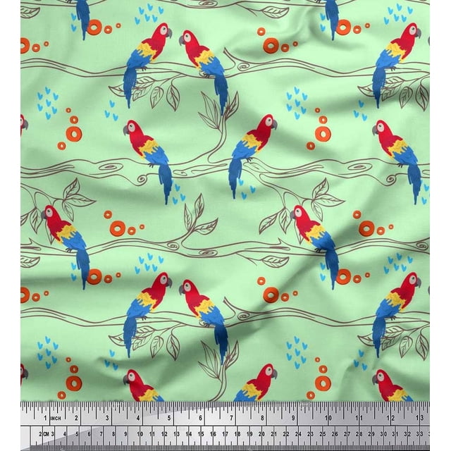 Soimoi Moss Georgette Fabric Branches,Leaves & Macaw Parrot Bird Printed Fabric 1 Yard 42 Inch Wide