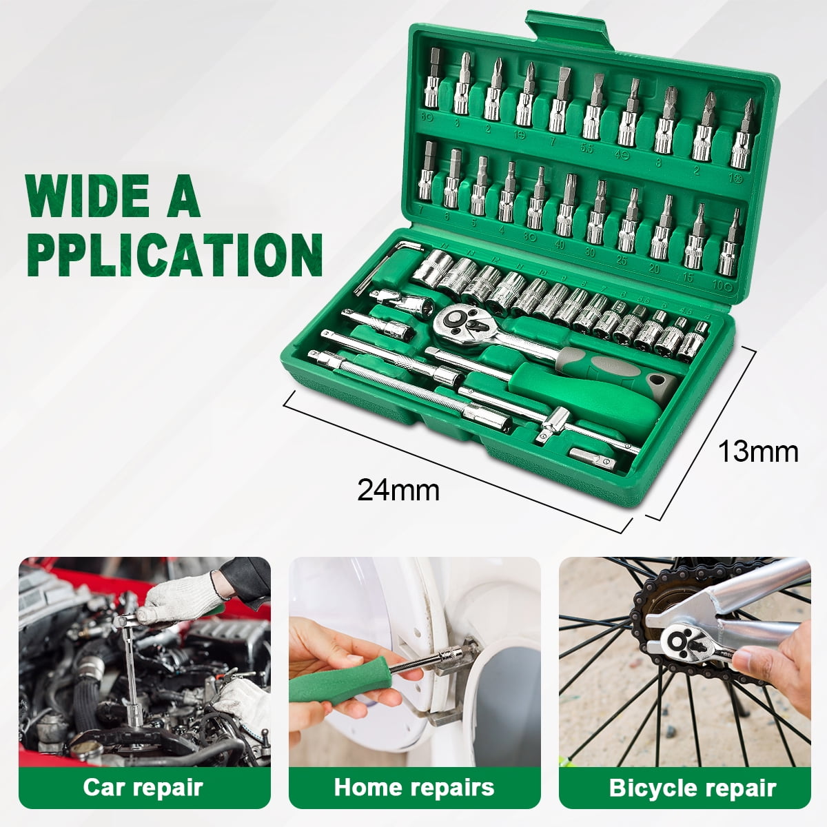 GOXAWEE 46 Pieces 1/4 inch Drive Socket Ratchet Wrench Set, with Bit Socket Set Metric and Extension Bar for Auto Repairing and Household, Green