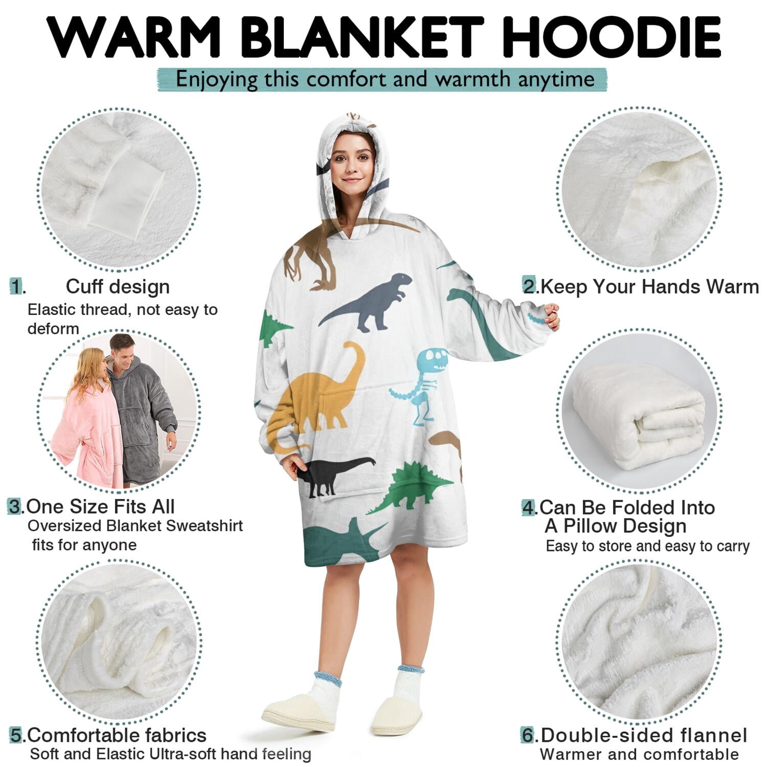 Wearable Oversized Blanket,Colorful Dinosaurs Silhouettes Pattern Wearable Blanket Hoodie for Adults,Cozy Hooded Blankets with Super Pockets,Super Warm Fuzzy Pullover for Women & Men