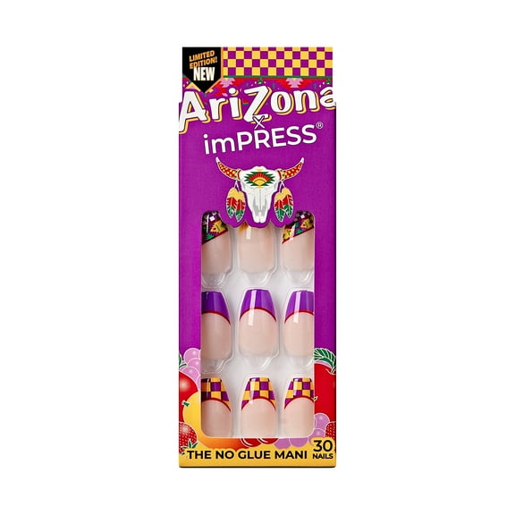 KISS imPRESS No Glue Needed Press On Nails, Design, Fruit Punch, Purple, Medium Coffin, 30 Count