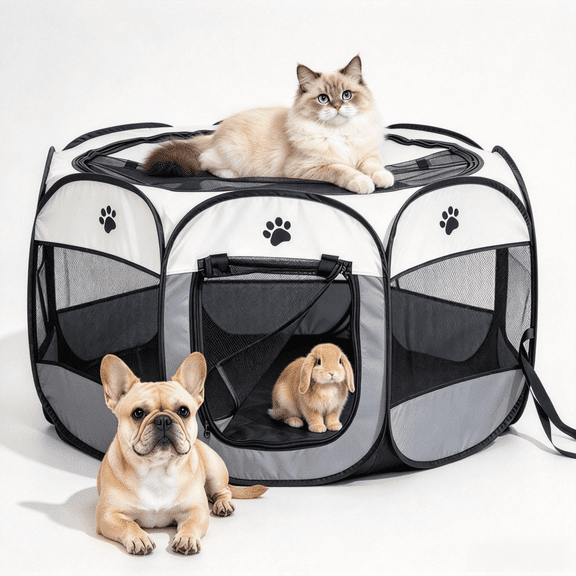 JUNBEI Pet Cat Playpen for Indoor Cats Enclosed, Puppy Dog Play Pen for Outdoor Travel Camping (Medium Size, Beige & Dark Grey)