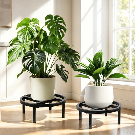 Vigordream 2-Pack Round Metal Plant Stand, Heavy-Duty Flower Holder, Indoor/Outdoor Planter Riser, Black, 11.8" Pot