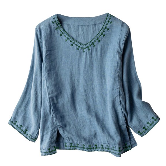 fatyb Women's Casual Blouses 3/4 Sleeve Embroidered Tops V Neck Loose Lightweight Vintage Shirts M-4xl