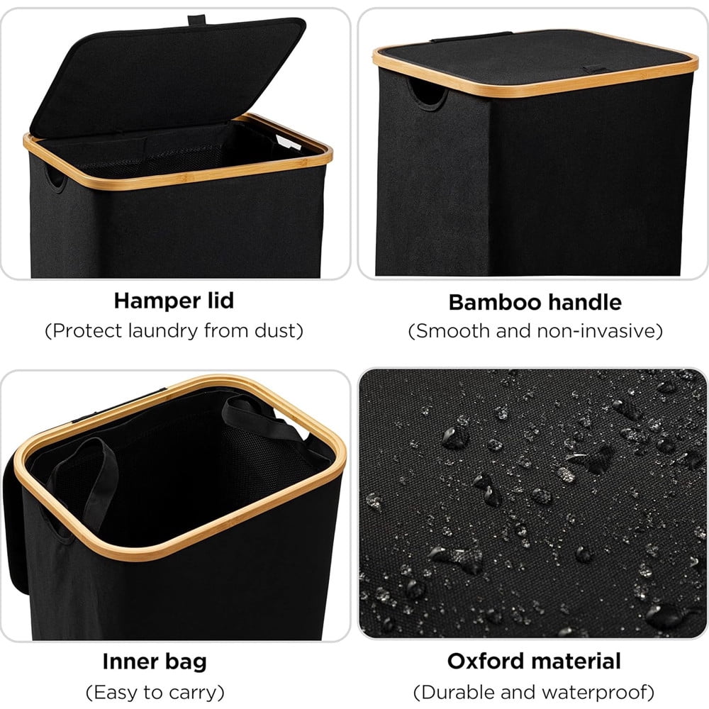 TEAFIRST Laundry Basket ,with Hamper Lid 100L Collapsible Removable Bag for Bedroom Bathroom, Black